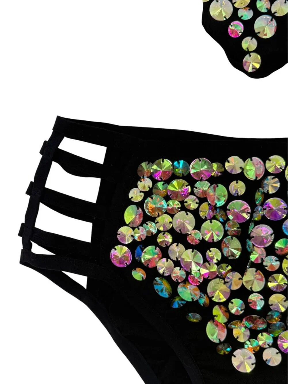 I Heart Raves 2 Piece Black Holographic Caged Halter Top & Bottoms Set| Festival - Picture 6 of 16